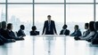 © sisie - Business leader giving presentation to multi‑ethnic corporate team in high‑rise boardroom with city skyline view