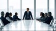 © sisie - Business leader giving presentation to multi‑ethnic corporate team in high‑rise boardroom with city skyline view
