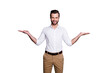 © deagreez - Portrait of positive cheerful man real estate agent economist chief hold hand recommend choose decide choice decisions wear white shirt trousers isolated over gray color background