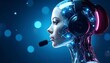 © Andi - Futuristic cyborg woman with headset working as a customer service representative in a digital environment.
