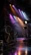© Denis Chubchenko - Professional concert stage lighting equipment with colorful light beams, spotlights, wind machine fans and atmospheric haze. Behind the scenes, show business, film production and event preparation con