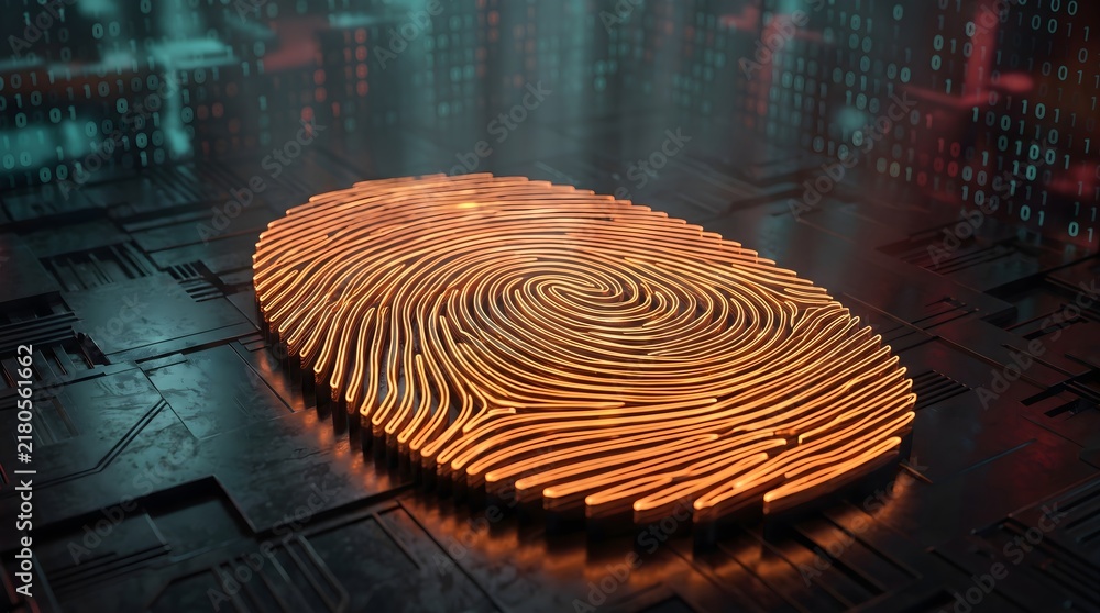 Cybersecurity Technology Background Glowing orange digital fingerprint biometric scan on a dark circuit ...