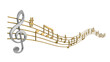 © PixelWright - Silver treble clef with golden musical notes and staff lines flowing across a white background, isolated on a, transparent background