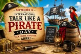 International talk like a pirate day poster with treasure chest and ship