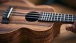 © Bussakon - Close up of a wooden ukulele with visible grain  strings  and fretboard  showing a hand near the neck in warm lighting