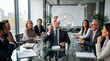 © OlenaHalahan - Senior businessman blowing soap bubble containing financial graph icons during boardroom meeting with smiling colleagues, startup innovation concept.