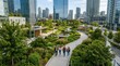 © Lim - Friends enjoying a leisurely walk through a vibrant modern urban park surrounded by lush greenery and skyscrapers on a sunny day