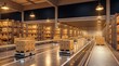 © DevinePhics - Automated guided vehicles transporting cardboard boxes in a modern smart warehouse facility with industrial shelving units