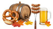 © Ashit - Oktoberfest beer barrel with pretzel, sausages on a fork, and beer mug isolated on transparent background