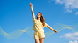 © David J - Woman raising arm with abstract golden sound waves against clear blue sky