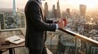 © Art Revolutionist - Successful businessman enjoying warm morning coffee on luxury rooftop balcony overlooking city skyline