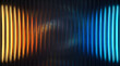 © VELORA CREATIVE - Abstract Fluted Glass Texture with Split Orange and Blue Neon Light Reflections for Modern Architectural Backdrop