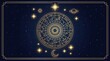 © UmerDraz - Astrological zodiac wheel with sun and moon icons on a dark blue starry night background with sun symbols set