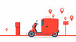 © Sugiyanti - A red delivery scooter with cargo box and location pins illustrating a fast delivery service.