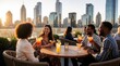 © Pete - Friends enjoy cocktails on urban rooftop bar lounge. Diverse group socializes with drinks. City skyline view at sunset. Lively conversation and laughter.