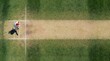 © Pete - Top view of cricket pitch on green grass field. Male athlete wears white uniform, red helmet preparing to bat. Player holds wooden bat at crease during sunny daytime match in sports stadium for