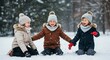 © hitomi - Winter Wonderland Playtime: Three joyful children bundled in warm winter attire share a moment of pure delight, playing together in the snow-covered landscape.