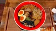 © kyoko - Top-down view of Kumamoto ramen with soft-boiled egg and bean sprouts