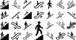 © SOHIDUL - A collection of black and white vector icons depicting people walking up and down stairs and using moving escalators