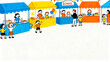 © Salao - Vibrant cartoon food festival with diverse families enjoying outdoor market stalls.