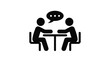 © REBEKA - Two people sitting at table talking with speech bubble vector icon representing interview conversation business meeting isolated on white background.