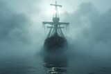 Geheimnisvolles Piratenschiff im dichten Nebel auf dem stillen Meer