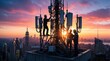 © Vadym - Telecom technicians repair cell tower on rooftop during sunset. Male workers in hard hats maintain mobile network equipment in urban cityscape. Engineers fix signal antenna atop skyscraper with city