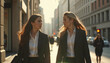 © Tassya - Two successful businesswomen in formal suits walking along city street talking after meeting, corporate partnership concept
