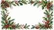 © StockNova - Watercolor christmas frame featuring pine branches, holly leaves, red berries and brown pine... desi