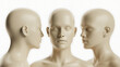 © Worker - Three views of a faceless female mannequin head in neutral beige color showing profile and front angles on white background