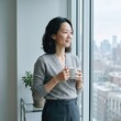 © 형근 최 - Generative AI, Asian woman with coffee looking out office window at city view
