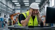 © Wankatsu - Tired industrial worker in hard hat and safety vest holding his head at a computer desk in a robotic factory for occupational burnout and workplace stress concept.