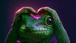 © Nick Freund - Grünes Reptil formt mit den Vorderfüßen ein Herz vor dunkelviolettem Hintergrund, fantasievoller digitaler Kunststil für Grußkarten und Social-Media-Post.