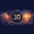 © BlueCircle - Golden 30th anniversary celebration banner featuring stylized landscape with fireworks and sunset sky background design