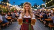 © Shakib - Woman in traditional Bavarian dress holding beer steins at Oktoberfest festival , Oktoberfest, St. Patrick’s, Carnival