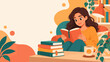 © LarisaM - Young woman reads book with calm smile. Stack of colorful books sits beside her. Cup of tea rests nearby, inviting warmth. Soft lighting glows from hanging lamp above. Plants add life to cozy