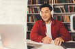 © Prostock-studio - Happy Smiling Asian Male Student Engaged In Online English Lesson, Taking Notes While Sitting At Desk In Home Office Setting, Emphasizing Learning And Education Concept.