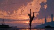 © Anat art - A man performs yoga on a rooftop during sunrise with an orange-purple sky. The scene shows flexibility and the city skyline.