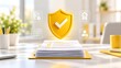 © Ridwan_DigitalGrid - Yellow glowing security shield with checkmark hovering above a stack of business documents on an office desk representing data compliance and privacy.
