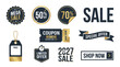 © MD Masud Rana - Set of luxury gold and black sale badges, discount stickers, and promotional web buttons.