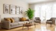 © MHS-AI - Modern living room interior with blurred sofa and decorative wall frames for cozy home staging and residential design concepts