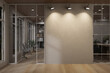 © bongkarn - Minimalist office interior with spotlight shinning on empty wall and glass partition over wood floor