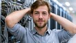 © Jibjoy - Smiling it technician posing in server room with hands behind head representing modern technology and data management