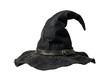 © PNG_4_you - Distressed black witch hat featuring a weathered leather belt with aged metal buckle shown in soft studio lighting on transparent background