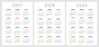 © millering - 2027 2028 2029 Spanish calendar template set. Minimalist 3 year annual calendar planner layout with colorful pastel month headers in Spanish language for home and office planning.