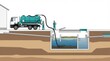 © Anat art - Workers are extracting wastewater from a septic tank using a truck in a residential location. The drainage system shows various pipes.
