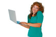 © Komora - Woman working remotely, multitasking with laptop and phone call, smiling while managing business communication, transparent background