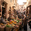 © cyberian94 - A busy narrow street market lined with wicker baskets of fresh spices, vegetables, and fruits, with shoppers and vendors interacting among traditional stone buildings.