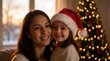 © Aleksei Solovev - Mother and child sharing a warm, joyful moment while standing near a brightly lit Christmas tree with beautiful bokeh in the background.