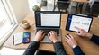 © Delilah - Developers collaborating on code and data analytics using laptop and tablet in bright workspace, software engineering teamwork, programming and business intelligence concept